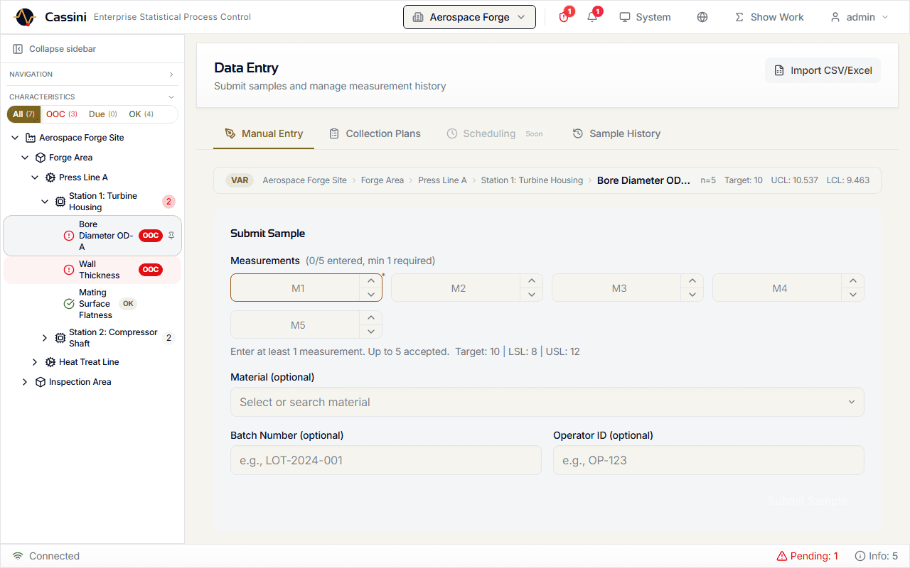 Cassini data entry screen with manual measurement input, spec limit validation, and batch tracking