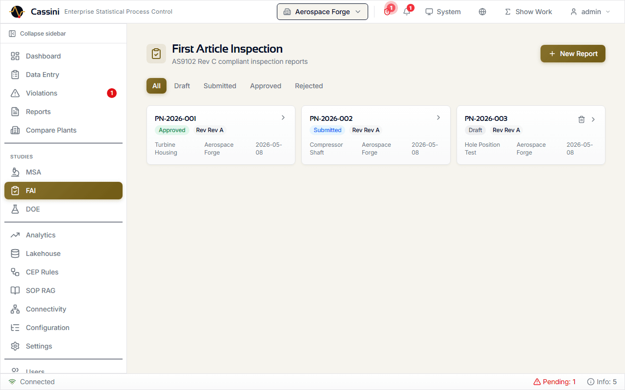 Cassini First Article Inspection report showing AS9102 Form 1 with part accountability fields, approval workflow, and print export